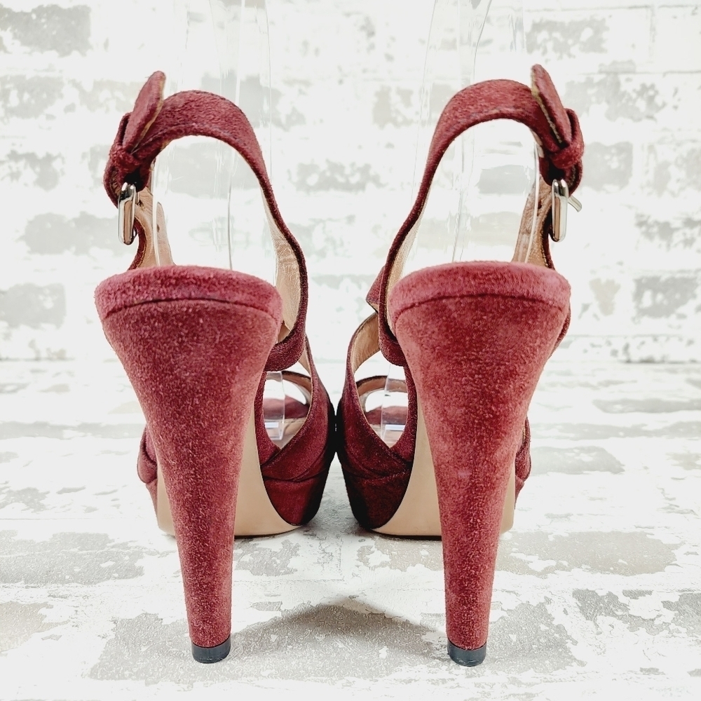 Prada Burgundy Red Suede Buckle Slingback High Heeled Sandals O97 - Picture 6 of 12